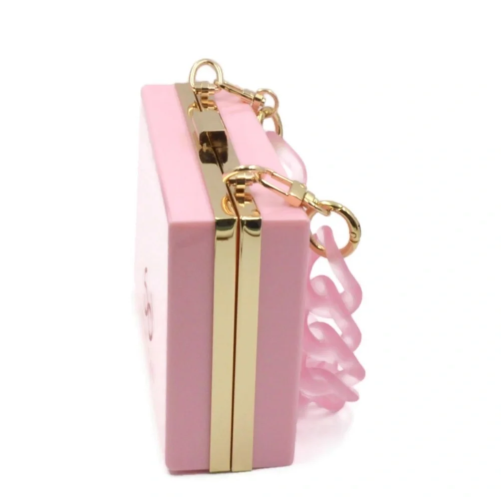 Pink Novelty Box Clutch with Acrylic Chain